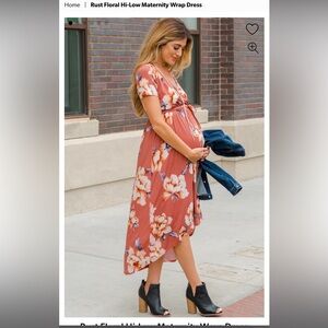 Rust floral hi-lo maternity wrap dress